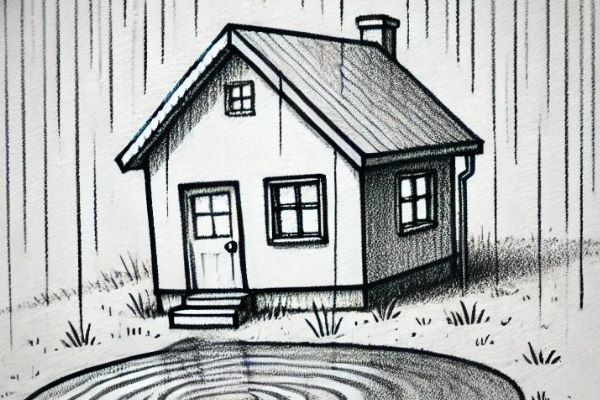 A sketch of water pooling in front of a house