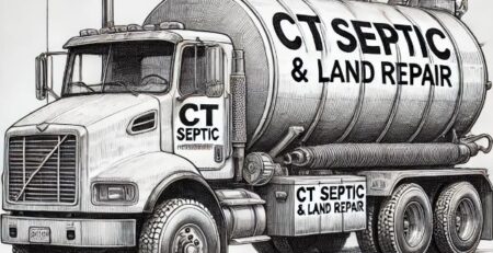 Sketch of septic pump truck with CT Septic & Land Repair on the side.